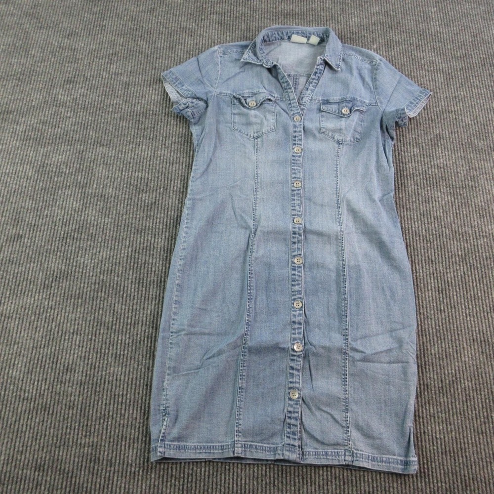 Chico's Dress Womens 0 Blue Denim Shirt Dress Midi Button Front Pockets